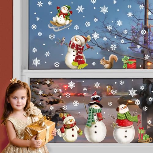 XINMEIXIN Christmas Snowflake & Snowman Window Stickers - Warmth Edition, 90 Pcs