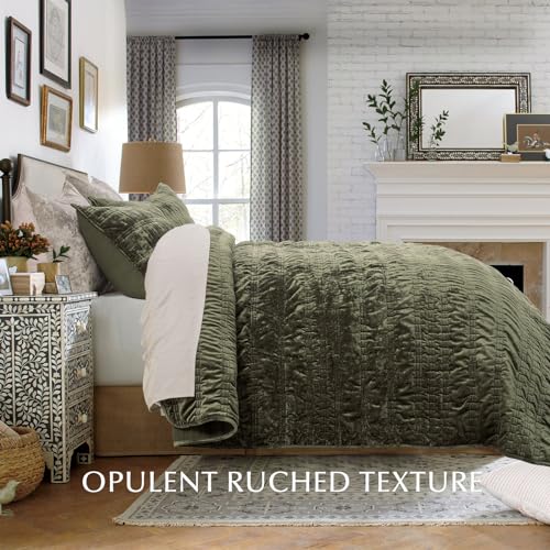 EverGrace Queen Velvet Quilt Set with Ruched Texture - Olive Green, 90x92 Inches