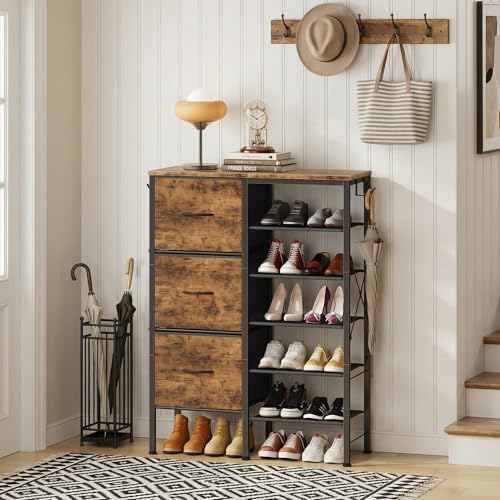 6-Tier Shoe Rack Organizer with 3 Fabric Drawers and Hooks - Entryway & Closet Storage