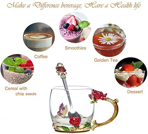Tea Mug,Coffee Spoons,Glass Tea Cups,Coffee Cups Glass,Glass Mugs with Handles,Tea Lovers Gifts for Women,Butterfly Gifts for Women,Tea Sets for Women, Gift Ideas for Women. (Dwarf Red Rose Tea Cup)