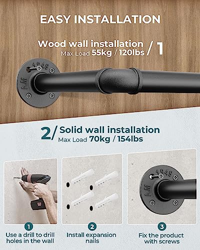 Heavy Duty Industrial Pipe Clothes Rack 65.7 Inch Wall-Mounted 2 Pack - Black