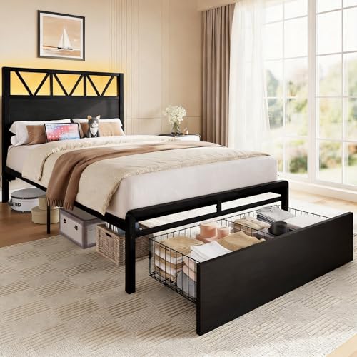 Twin Bed Frame with Storage Drawer Lights & Charging Station - Modern Design