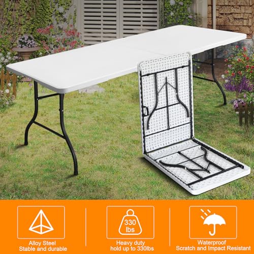 8ft Folding Portable Heavy Duty Plastic Table - White, Indoor & Outdoor Use