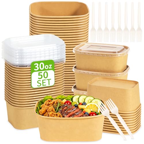 Brown 30oz Disposable Kraft Paper Food Containers with Lids & Forks - Takeout & Meal Prep