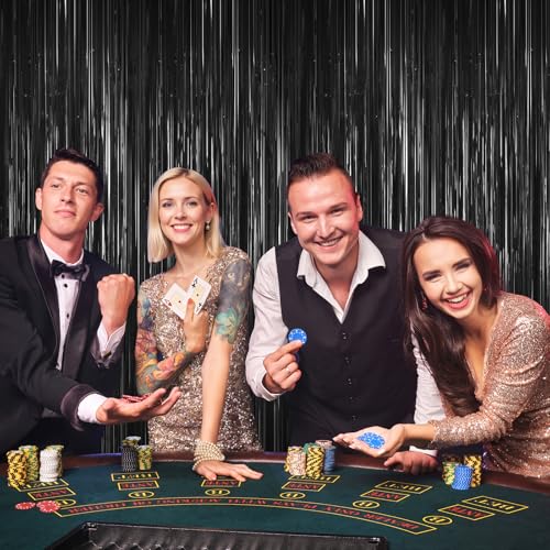 Black Foil Curtain Backdrop,2Pack Black Metallic Tinsel Foil Fringe Curtains Photo Booth Props for Birthday Wedding Engagement Baby Shower Bachelorette Christmas Halloween Disco Party Door Decorations