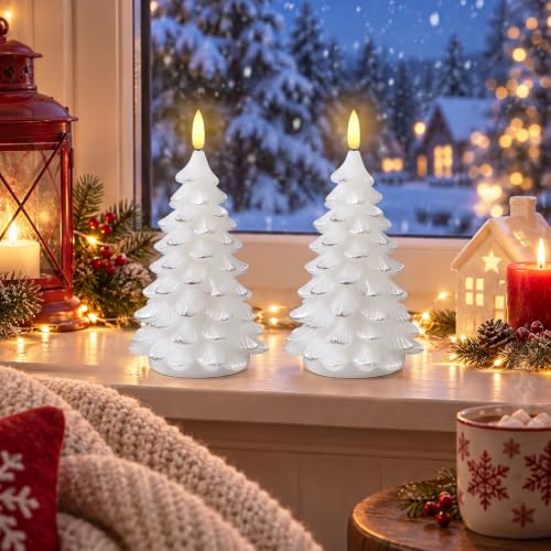ARIKJ White & Silver Christmas Tree Flameless Candles, Battery Operated Holiday Decor