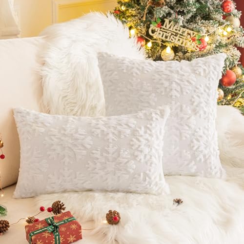 AQOTHES Set of 2 Christmas Snowflake White Throw Pillow Covers 20x12 Inches