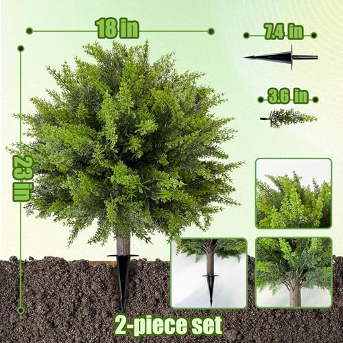 Artificial Cedar Topiary Ball Tree with Ground Spike - 23 Inch, 2 Pack - Cedar Variation