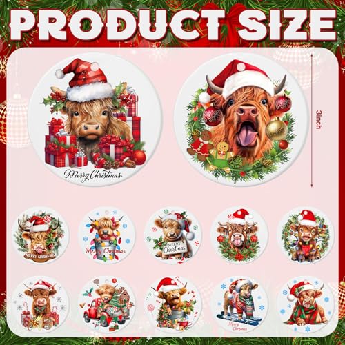 Vesici Highland Cow Ceramic Christmas Ornaments - 12pk with Hanging Ribbons