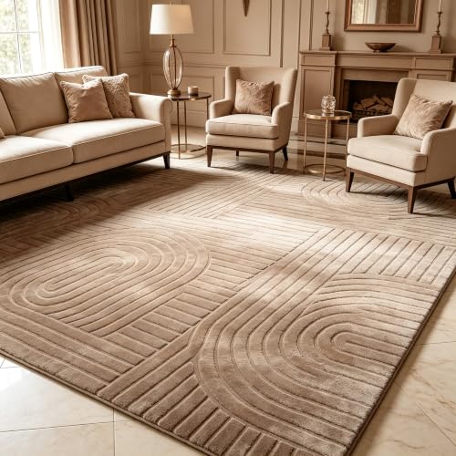 Light Brown 5x7 ft Washable Indoor Rug - Modern Geometric High-Low Pattern for Living Room or Bedroom - Non-Slip Home Decor