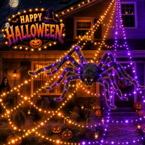 Halloween Spider Web Lights Outdoor 550 LEDs Purple & Orange with Remote & Timer - Waterproof Yard Decor