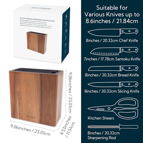 KITCHENDAO XL Acacia Wood Universal Knife Block with Slots for Scissors & Sharpening Rod, Space Saver