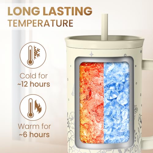 Floral 40oz Insulated Stainless Steel Travel Mug with Handle for Coffee & Drinks - Gift for Women & Girls