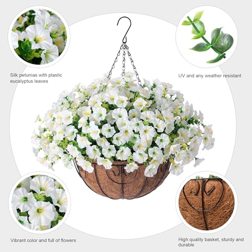 Ivydale 2 Pack Artificial Hanging Flower Baskets for Outdoors - White Morning Glory Faux Plants, UV Resistant, Realistic 24 Pcs Set