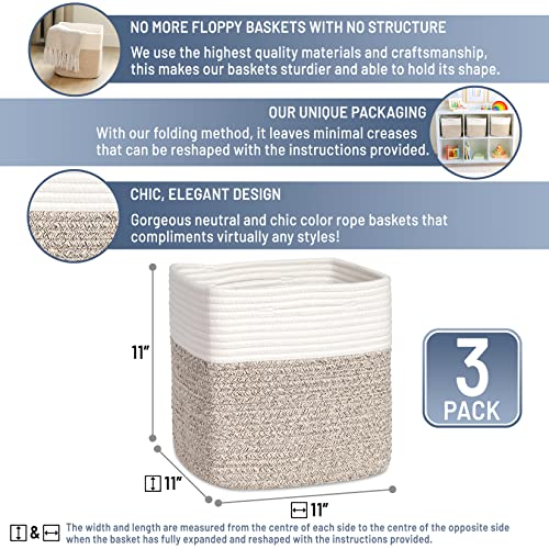 NaturalCozy 11-Inch Cotton Rope Storage Baskets Set - Off White & Mixed Brown, 3-Pack for Closet, Kids Toys, Nursery Organization