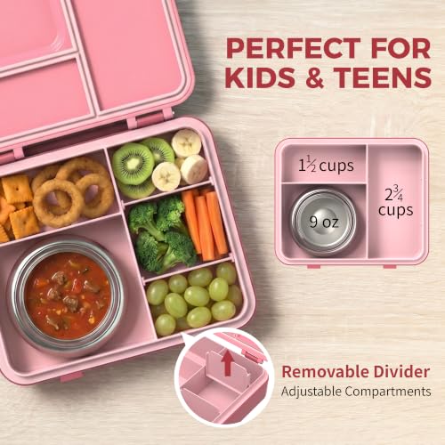 HOMEKOL Pink Bento Lunch Box for Kids with 9oz Insulated Food Jar, 7-Cup Capacity