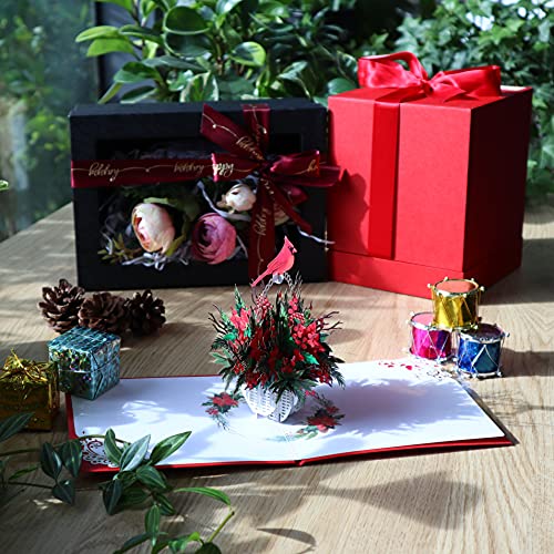 CUTE POPUP 3D Pop Up Christmas Card – Cardinal & Poinsettia (Red Cardinal) 6x6in, Envelope Included