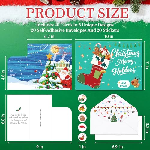 Christmas Money Holders for Cash, 20 Pack Cards with Envelopes Cash
