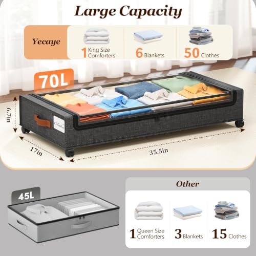 Yecaye 70L Under Bed Storage Containers with Wheels - Extra Large 2Pack Grey