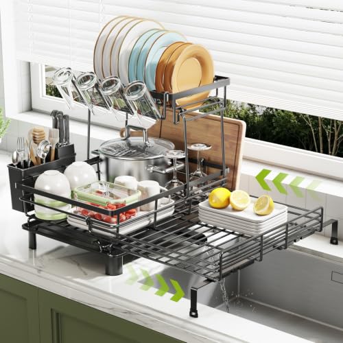 Large Black 2-Tier Expandable Dish Drying Rack for Kitchen Counter - Space Saving