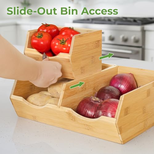 Medium Bamboo Pantry Storage Bins Set of 3 Stackable Fruit & Vegetable Organizer