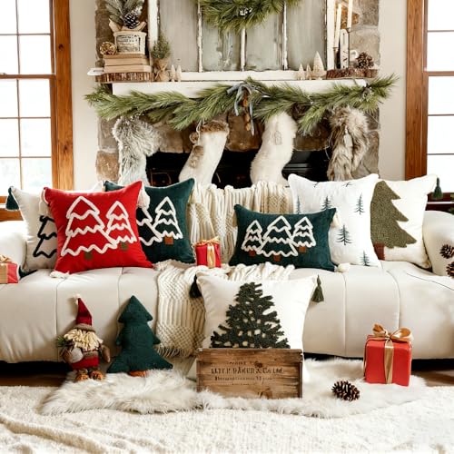 Christmas Pillow Covers 18x18 Farmhouse Tree Tassels Hand Woven Couch