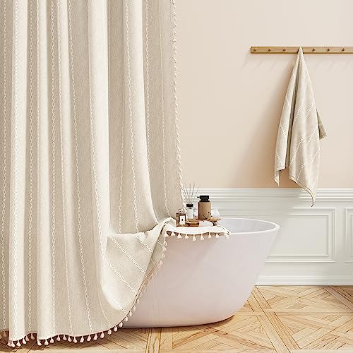 Long Boho Farmhouse Linen Shower Curtain - Cream / 72x84 Inches - Heavy Duty & Water-Resistant with Tassels - Pack of 1