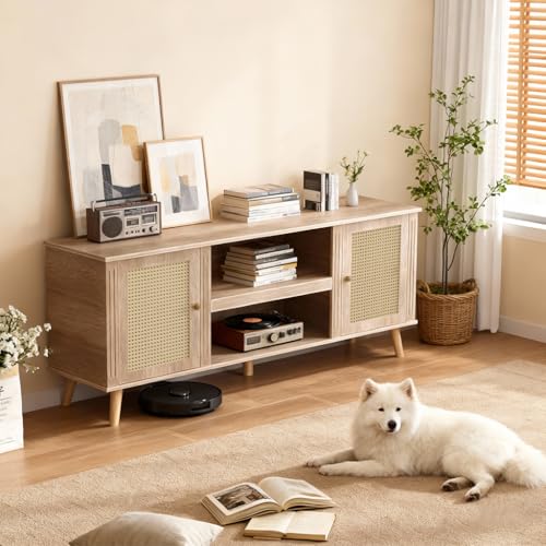 Natural Rattan TV Stand for 65 Inch TVs with Charging Station, Mid Century Modern Entertainment Center, Boho Media Console with Storage & Shelves - 59"