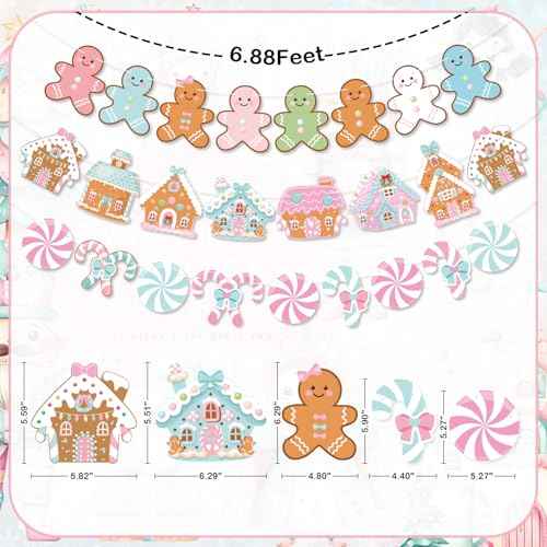 K KUMEED 3 PCS Gingerbread Man Theme Banners, Christmas House Decorations, Pink Party Supplies for Winter Birthday Baby Shower Decor