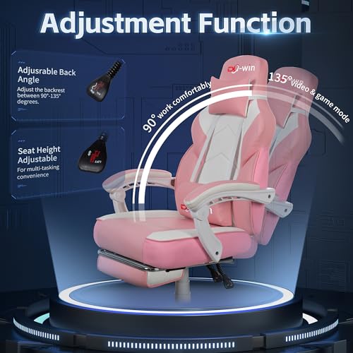 Pink Leather Gaming Chair with Footrest & Massage Lumbar Support - Big & Tall, 360° Swivel, Adjustable Height