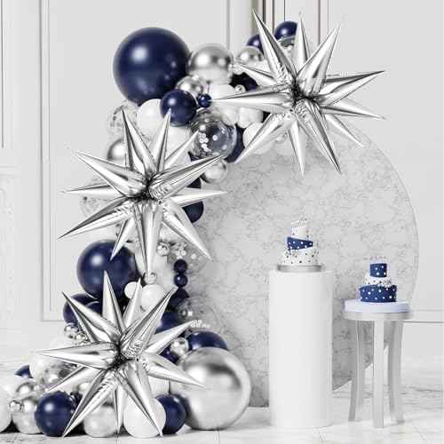 36 Pcs Silver Star Balloons Explosion 12 Point Foil Cone Balloons Spike Mylar Balloon Large for Wedding, Anniversary, Backdrop, Birthday Party Decorations