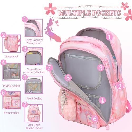 Girls Backpack School Bag 17 Inch Pink Kids Book Bag Multiple Pockets Splash-proof