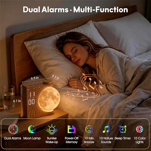 Wood Grain Sunrise Alarm Clock with Night Light & White Noise Machine - Dual Alarms for Heavy Sleepers
