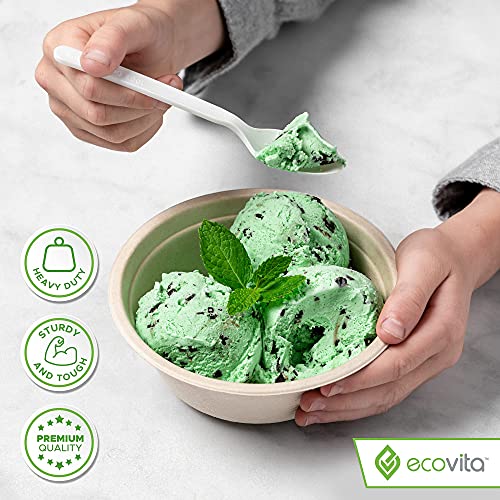 Ecovita Ivory White Compostable Disposable Spoons - 140 Large Eco-Friendly Cutlery, Heat Resistant, 6.3in., Tray Included
