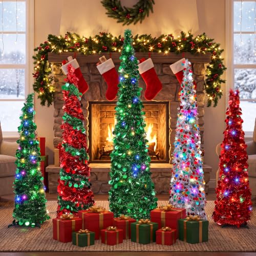 VioraWhite 5-Pcs Red & Green 4/5/6 ft Pop-Up Christmas Pencil Tree with 300 LED Lights