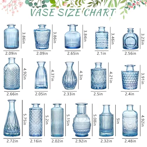 SUPMIND Blue Glass Bud Vases Set of 16 - Small Vintage Flower Centerpieces