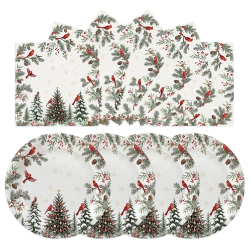 Christmas 50 Pcs Plates & Napkins Set - Cardinal Holiday Tableware, 7 Inch