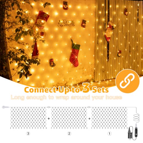 Ollny 210 LED Clear Wire Net Lights 10x7ft Outdoor Christmas Mesh Lights, 8 Modes