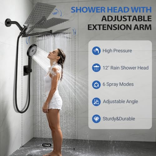 Yurnomy Black 8 Inch Multifunction Rain Shower Head with Handheld Spray & 11" Extension Arm