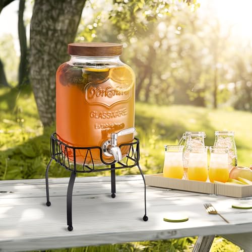Mustry 1 Gallon Glass Drink Dispenser with Stand & Acacia Lid - Single