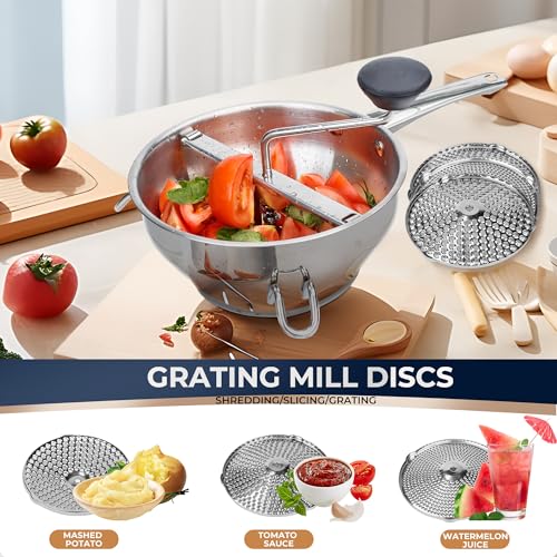 Stainless Steel Food Mill with 3 Discs - Handle & Multifunctional Spoon - Single Handle Variant