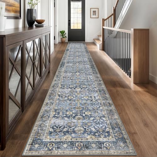 KUTA Vintage Washable Long Runner Rug 2.6x18 ft Blue Grey Beige - Non-Slip Hallway Rug