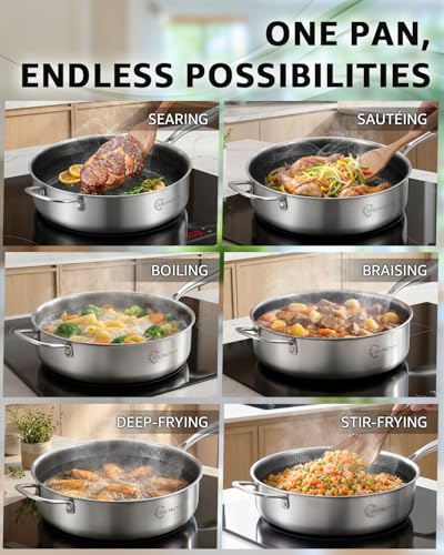 Large 6-Quart Non-Stick Frying Pan with Lid - 12 Inch, Black, Detachable Handle
