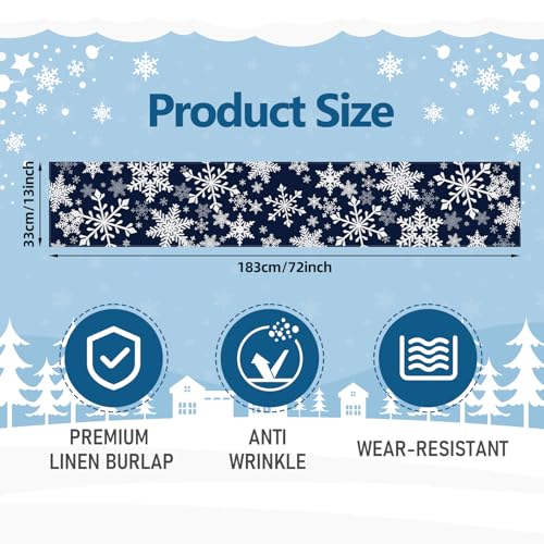 72 x 13 Inch Christmas Table Runner, Navy Blue with White Snowflake