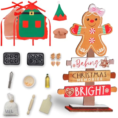 17 Pcs Gingerbread Baking Christmas Doll Accessories, Elf on the Shelf Accessories Included Baking Sheets, Spoon, Apron, Miniature Ginger Cookies,Elf Kitchen Outfits for Christmas Party Decorations