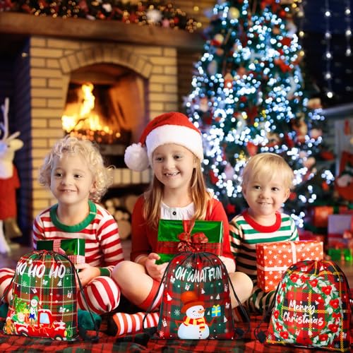Aliceset 50 Pcs Christmas Drawstring Gift Bags Buffalo Plaid - 9.84x11.81in Stocking Snack Wrapping Sacks