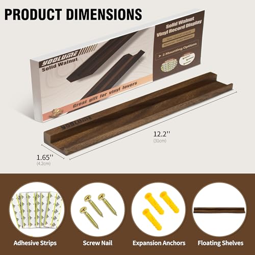 Walnut Wall Mount Vinyl Record Display Shelf Set - No Drill 10 Pack