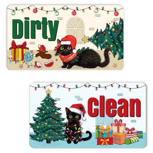 Dishwasher Magnet Clean Dirty Sign - Cosmisun Christmas Black Cat Clean Dirty Magnet for Dishwasher Xmas Cat Holiday Reversible Dish Washer Magnetic Sign Flip Indicator for Kitchen Home Decor