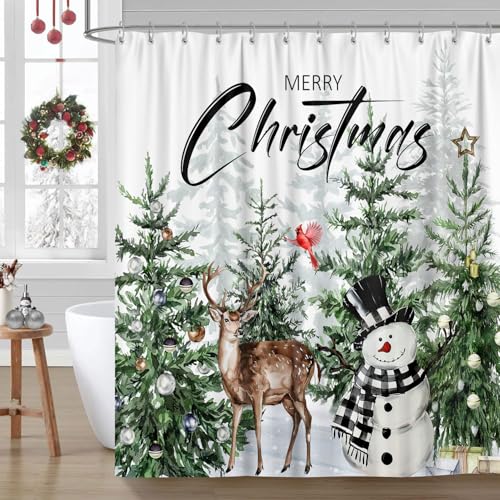 GOAOK Farmhouse Christmas Forest Shower Curtain Set, 72x72 Inches, Green Woodland Snowman Deer Snowflake Holiday Bathroom Decor with Hooks