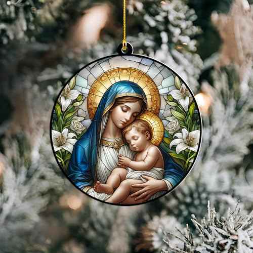 Catholic Christmas Ornament ? Virgin Mary and Baby Jesus Acrylic Hanging Decoration ? Style Nativity Ornament ? Religious Gift for Christian Families, Tree D?cor (Sun-38)